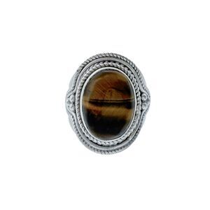 Sterling Silver 925 Rope Bead Detail Tiger's Eye Oval Statement Ring Size 8.5